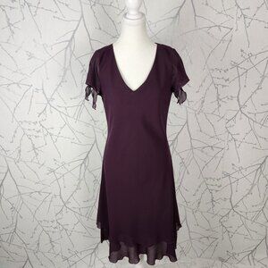 Jolibel Dark Purple Crepe Flowy Flutter Hem Streamline Y2K Midi Dress